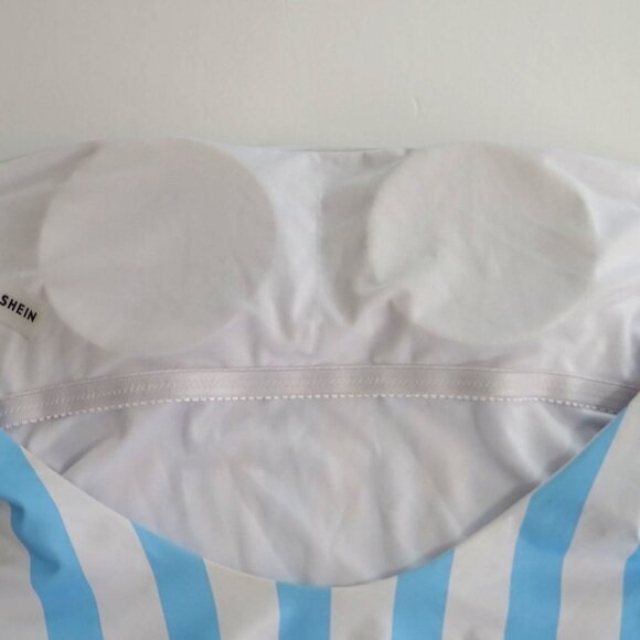 Shein Strapless Blue White Striped One Piece Swimsuit Women Size L Open Tie Back - Picture 4 of 9